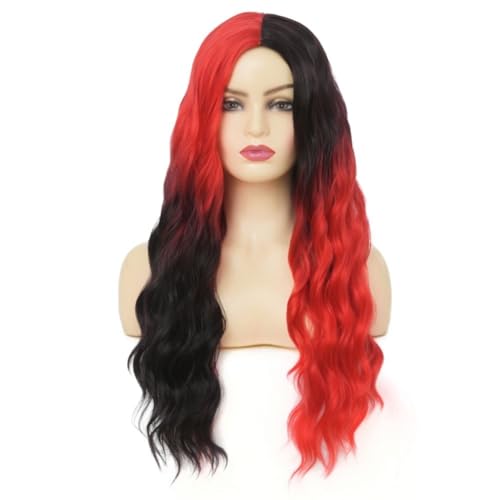 Long Curly Half Red Black Wig 27 Inch Synthetic Wavy Costume Hair for Women - Variation of THIS listing