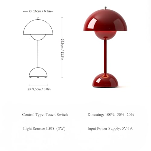 Cordless Rechargeable Flower Bud Mushroom Table Lamp - Brown Red, 12 Inch
