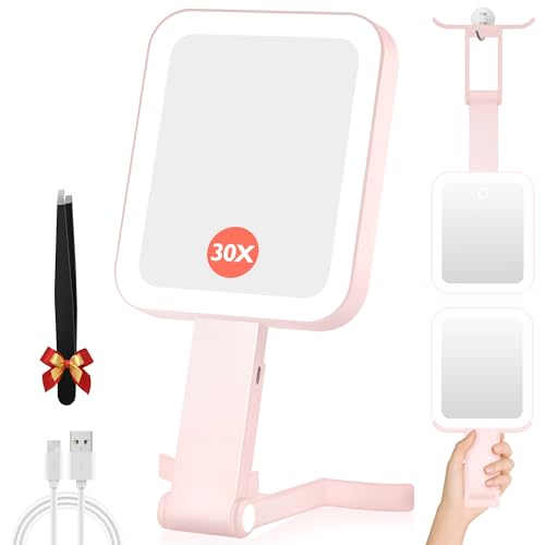 GOMIPURU Rosy 30X/1X Magnifying Travel Mirror with Light - Foldable USB USB-C Powered, 3 Color Brightness, Portable Handheld & Desktop