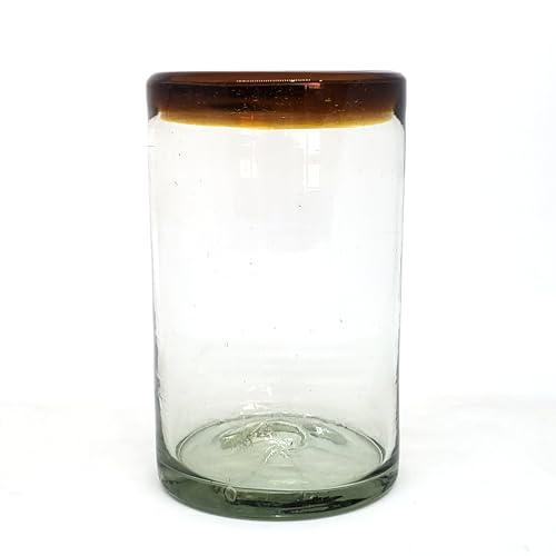 MexHandcraft Amber Rim 14 oz Drinking Glasses Set of 6 - Handblown Recycled Lead-Free Tumbler