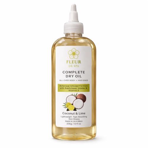 fleur de spa Complete Dry Oil ? Coconut & Lime | Lightweight, Fast-Absorbing Body & Hair Oil | Non-Greasy Botanical Hydration with Sunflower, Jojoba & Vitamin E | 8 fl oz
