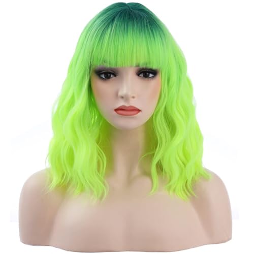 Neon Green Wig with Bangs & Dark Root Ombre - Short Curly 14 Inch Synthetic Hair for Women, Party & Daily Wear