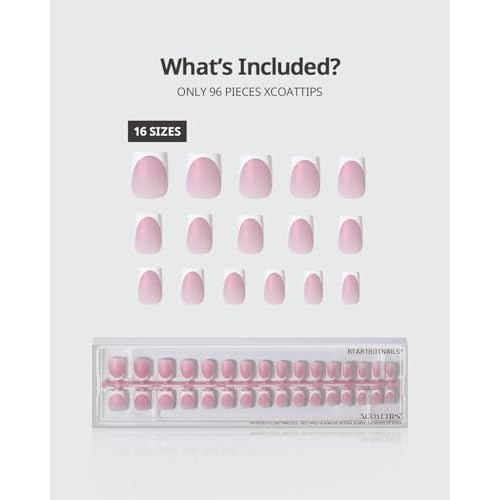 BTArtboxnails Shimmering French Tip Nails - 96Pcs Sparkling Pink Base Extra Short Press On Nails, Requires Nail Lamp & Top Coat, 16 Sizes Full Set for Wedding
