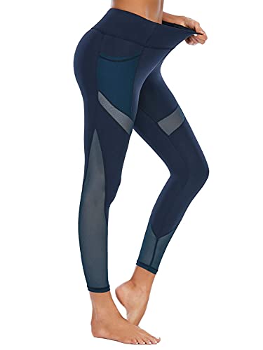 Women's High Waist Yoga Pants with Side Pockets & Mesh Insert - Small Navy Blue