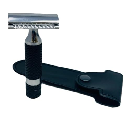 G.B.S Double Edge Shaving Razor Short Rubber Coated Handle With Leather Protective Travel Case & 20 blades Double Edge Safety Razor Long Lasting Skin Friendly