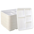 Disposable 5-Compartment Plates - Compostable Sugarcane Fiber, 10.2x8.5 inch, 500 Pack - White