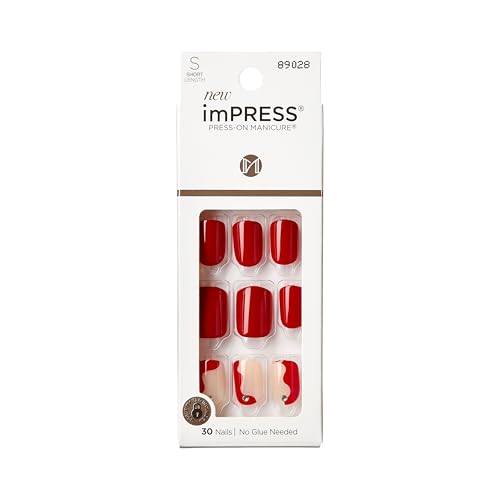 KISS imPRESS Press-On Manicure Fake Nails ? Adore You, Short, Square, Red, Easy Press On, Chip Proof, Smudge Proof, Waterproof, No Dry Time, Comfortable & Secure, Super Hold Adhesive | 30 Count