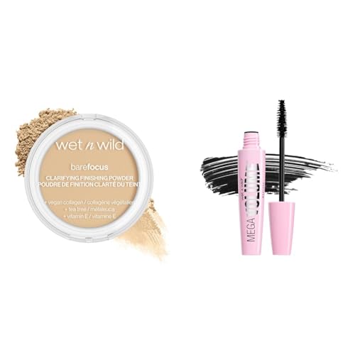 wet n wild Bare Focus Clarifying Finishing Powder Light-Medium & Mega Volume Waterproof Mascara Very Black 0.21 Ounce Bundle