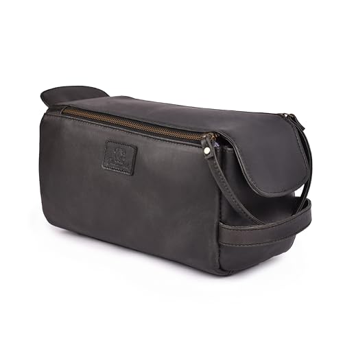 Genuine Leather Travel Toiletry Bag for Men & Women ? Premium Water-Resistant Large Dopp Kit, Shaving Organizer & Compact Bathroom Essentials Case - Black