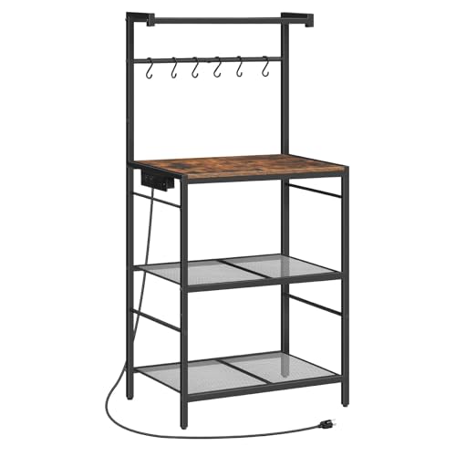 MAHANCRIS Rustic Brown & Black 22.4-inch Kitchen Bakers Rack with Power Outlet & Hooks