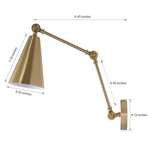 Gold Battery Operated Swing Arm Wall Sconce Set of 2 - Dimmable, Remote Control, Rechargeable Indoor Light with 3 Color Options
