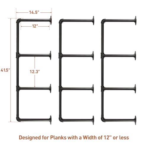 3-Set Industrial Pipe Shelves Wall Mounted 4-Tier Rustic Bookcase - Black