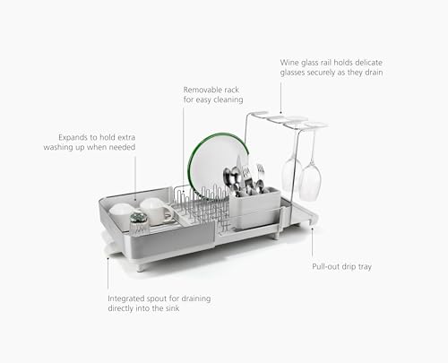 Joseph Joseph Steel Plus Extendable Dish Rack - Small to Large with Wine Glass Holder & Drain Spout - Light Stone Variation