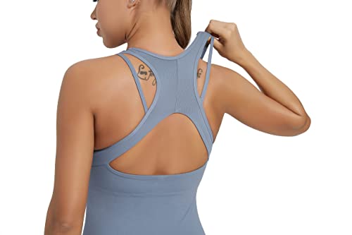 B-light Blue Running Girl Tank Top with Built-In Bra - Small Women's Athletic Yoga Top