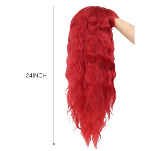 Curly Red Wavy Wig with Bangs - 24 Inch Heat-Resistant Synthetic Cosplay Hair - Dai Cloud