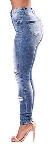 Women's High Waisted Ripped Skinny Jeans - Light Blue Stretch Denim Pants
