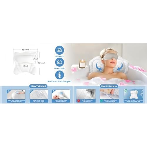 Bath Pillow, Luxury Bathtub Pillows for Neck and Back Support,Bath Tub Pillow with Soft 4D Breathable Mesh Fabric and Nonslip Suction Cups,Relaxing Bath Accessories Spa Gifts .(Wave White)