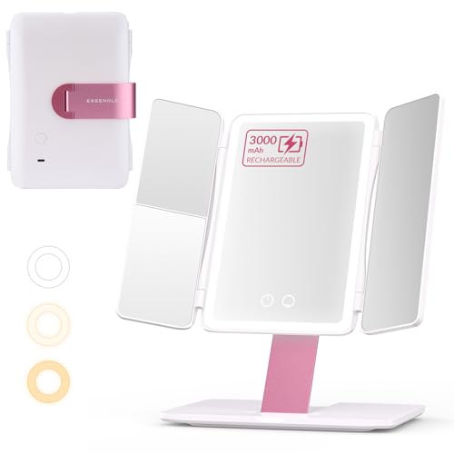 EASEHOLD Foldable Tri-Fold Lighted Makeup Vanity Mirror with 60 LED Lights, 1X/2X/3X Magnification, Touch Control Dimming, 3000mah Rechargeable, 360¡Æ Rotation, Portable Travel Folding Compact Mirror