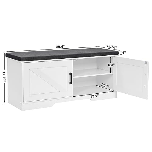 White Farmhouse Shoe Storage Bench with Barn Doors & Padded Seat - 39.4" Wide