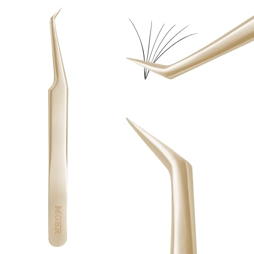 MGER Eyelash Extension Tweezers, Professional Curved Pointed Isolation Tweezers for Classic Individual Volume Mink Lash Extensions, Pointed Tweezers Stainless Lash Extensions, Gold tweezers