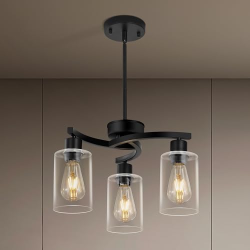 Black 3-Light Modern Dining Chandelier with Glass Shades - Farmhouse & Industrial Style