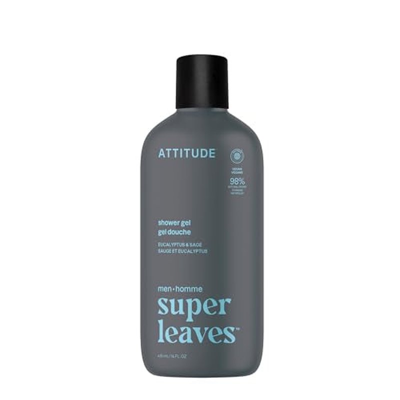 ATTITUDE Shower Gel Body Wash for Men, 98% Natural Origin Ingredients, Paraben & Phthalate Free, EWG Verified, Cleanses Without Drying, Eucalyptus & Sage,14 Fl Oz