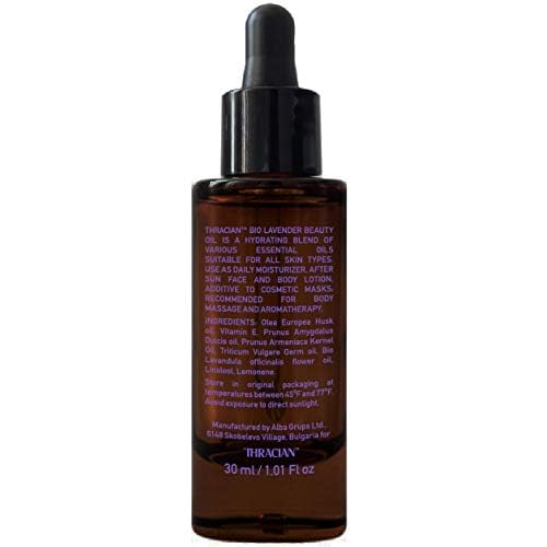 Thracian Bulgarian Beauty Lavender Oil with Bio Premium Certified Bulgarian Lavender, Anti-aging, Moisturizing Oil for Face, Body and Hair in 1.01 fl oz Glass with Dropper
