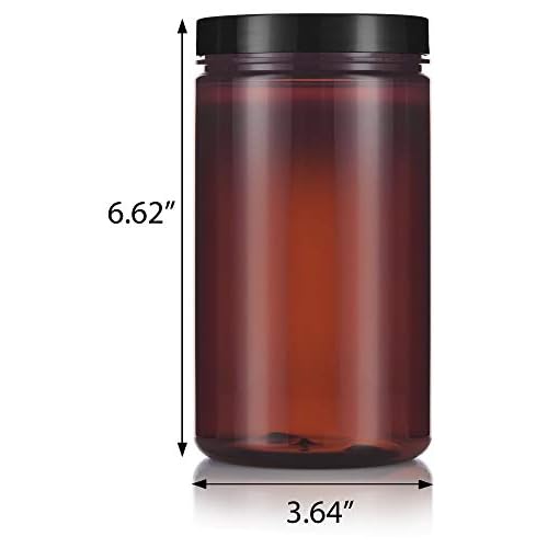 JUVITUS 32 oz Large Amber PET Plastic (BPA Free) Refillable Empty Jar with Black Smooth Foam Lined Lid (6 pack)