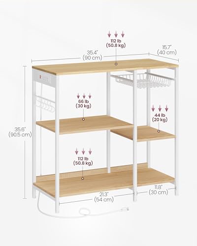 VASAGLE Kitchen Baker’s Rack with Power Outlet, Oak Beige & Ink Black Steel Frame & Wire Basket