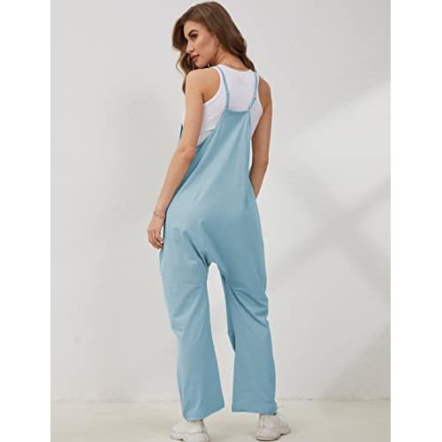 Lentta Women's Causal Jumpsuits V Neck Sleeveless Harem Overalls Stretchy Adjustable Strap Romper with Pockets
