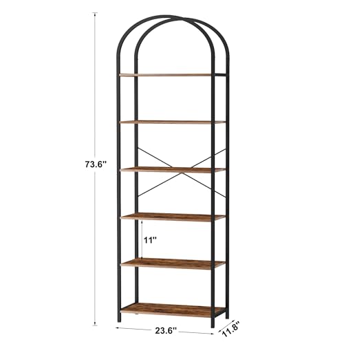 Homhedy 6-Tier Arched Bookshelf - 23.6W Tall Rustic Book Storage Rack