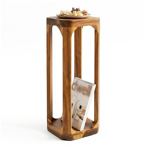 Small Square Side Table - 24 Inch Tall Acacia Wood End Table for Sofa, Balcony, Small Spaces