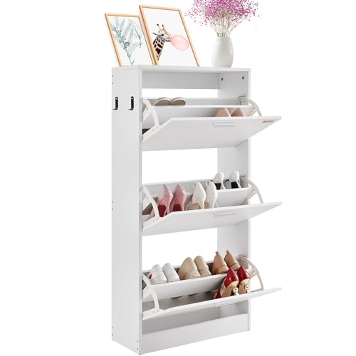 Wooden Shoe Cabinet with 3 Flip Drawers and Side Hooks, 9.33”D x 23.62”W x 47.24”H Entryway Storage Solution