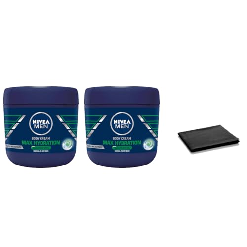 NIVEA Men Max Hydration Body Cream 13.5 oz ? 3-in-1 Moisturizer for Body, Face & Hands ? Long-Lasting Hydration for Normal Skin ? Fast-Absorbing, Non-Greasy Lotion, Pack of 2, Includes Cleaning Cloth