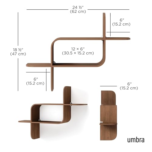 Floating Wall Shelf - Natural Walnut Finish, Modern Geometric Design, Mounts Horizontally or Vertically, 15lb Capacity - Light Walnut Variation