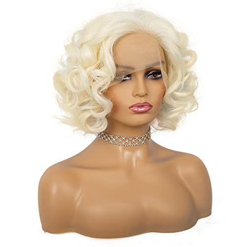 Amnenl Platinum Blonde 1920s Lace Front Wig Short Curly Synthetic Hair for Women
