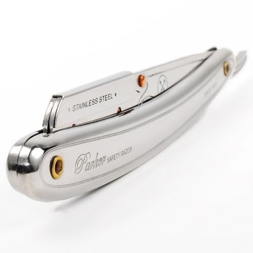 Stainless Steel Straight Edge Barber Razor with 5 Half Blades - Professional Shaving Tool