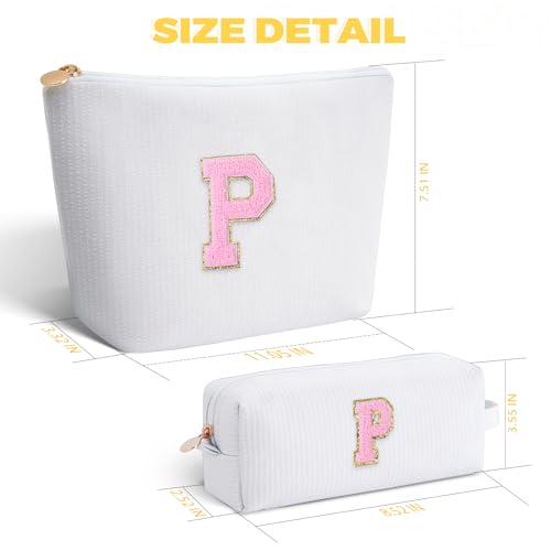 White Makeup Bag and Cosmetic Pouch Set - Personalized Initials Gift for Teen Girls Women