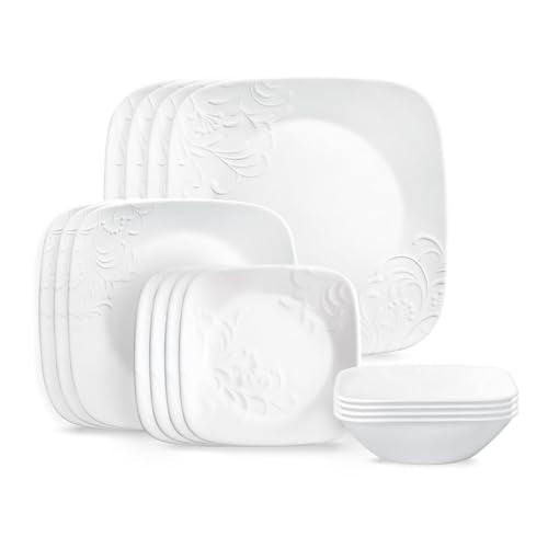 Corelle Cherish 16-Piece White Dinnerware Set for 4, Chip-Resistant & Lightweight