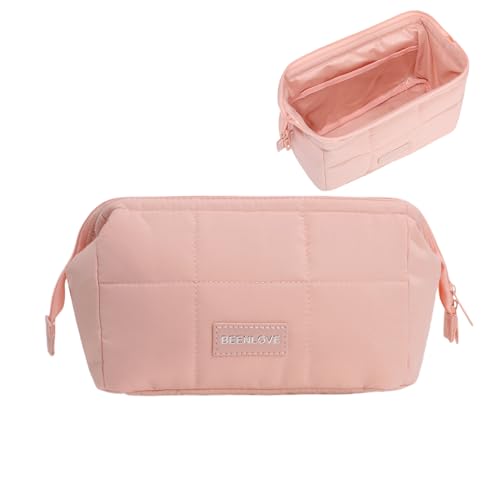 Travel Makeup Bag for Women Wide-Open Large Capacity Cosmetic Bag, Toiletry Pouch with Brush Storage, Travel Essentials Accessories(Pink)