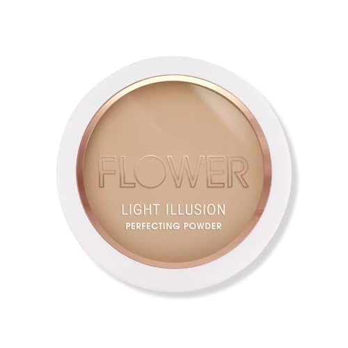 FLOWER BEAUTY Light Illusion Perfecting Powder Pressed Powder Face Makeup Buildable Medium Coverage with Blurring Pigments Includes Mirror Sponge, Tawny, 0.28 Ounce