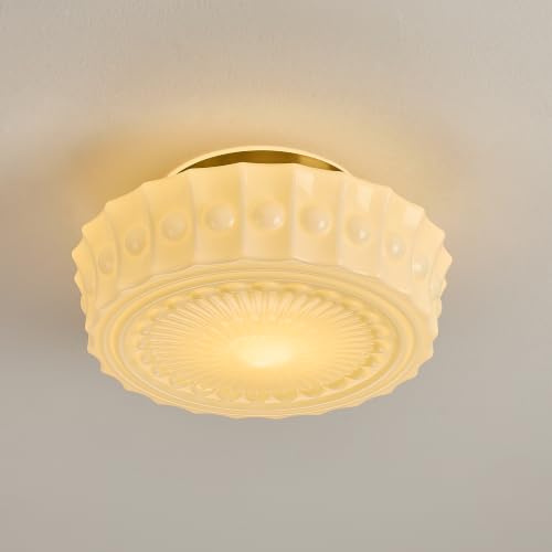 Vintage Milk Glass Flush Mount Ceiling Light Cream Yellow Shade with Brass Base