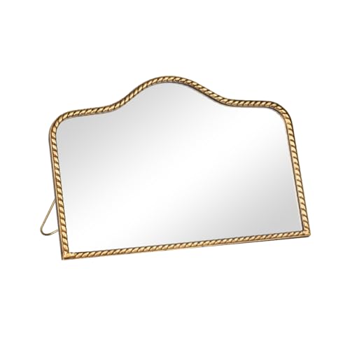 Vintage Small Desk Mirror - 7.9 x 11.9 Inches with Scalloped Arched Frame - Antique Gold, 360° Rotation