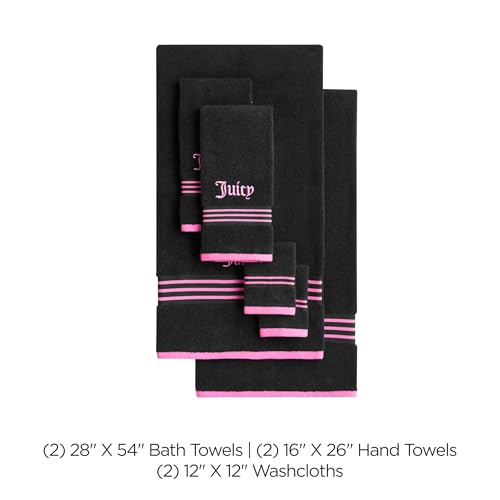 Juicy Couture Black and Hot Pink Border Bath Towels 6-Piece Cotton Set - Quick Dry