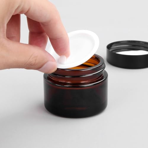 36 Pack 1oz Amber Glass Jars with Black Lids, Small Round Cosmetic Jars with with Inner Liners, Glass Containers for Homemade Creams, Candle, Skincare, Lotion, Travel