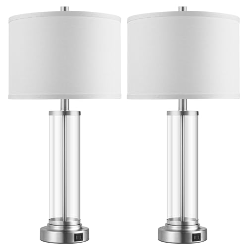 Glass Table Lamps Set of 2 - Modern Silver Dimmable Bedside Lamps with USB Ports