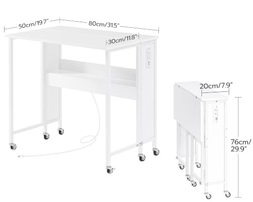 White Folding Computer Desk with Power Outlets - Portable Rolling Office Table