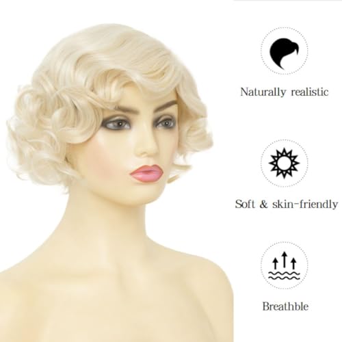 Dai Cloud Short Blonde Finger Wave Wig for Women - 1920s Curly Synthetic Heat-Resistant, Side Part, Rose Mesh Cap