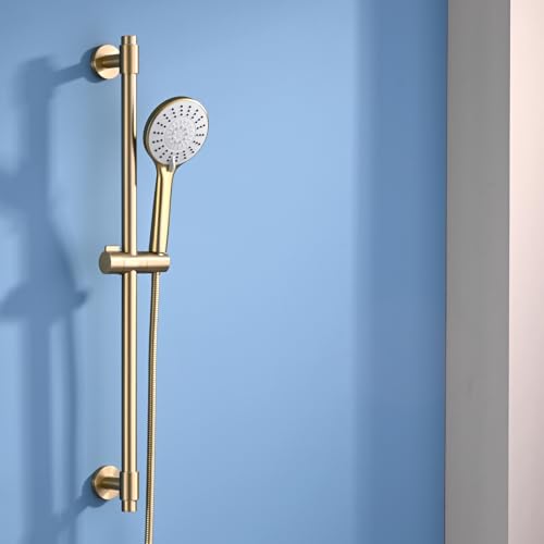 Adjustable 30-Inch Shower Slide Bar Set with 5-Function Handheld Shower Head - Brushed Gold, Drill Mounted