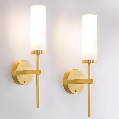 Battery Operated Wall Sconce Set - Gold & Opal Glass, 3 Color Temperatures & Remote